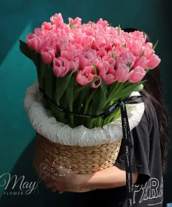 Giỏ hoa Tulip hồng nhập khẩu cao cấp