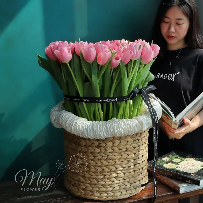 Giỏ hoa Tulip hồng nhập khẩu cao cấp 